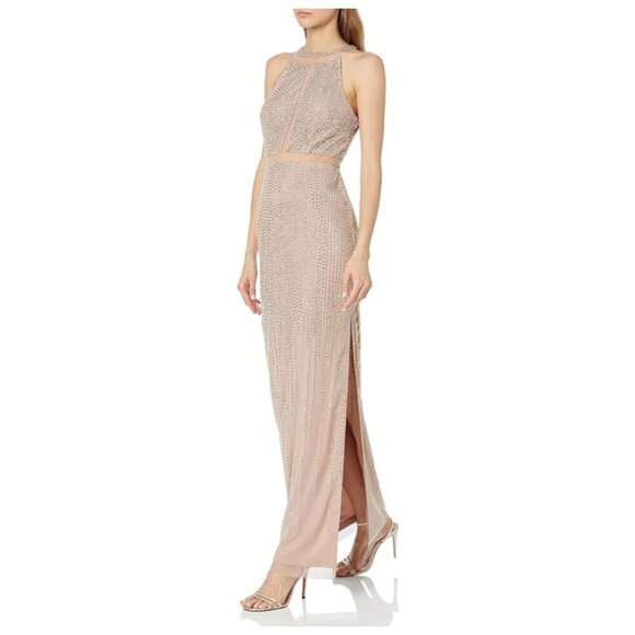 AIDAN MATTOX CREW NECK BEADED GOWN 6 Taupe NWT - Picture 1 of 9